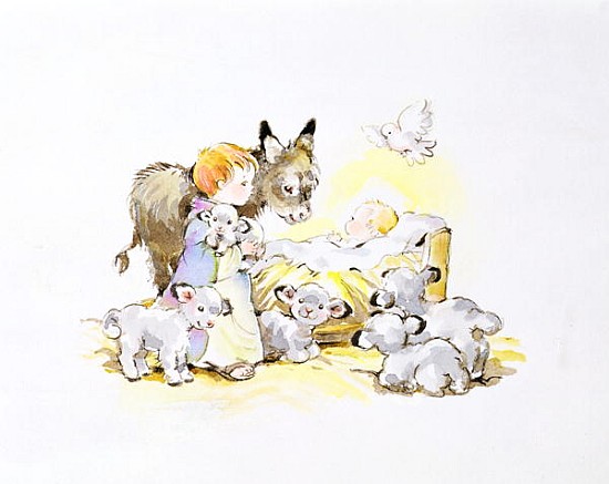 Donkey and Lambs Around a Manger  von Diane  Matthes