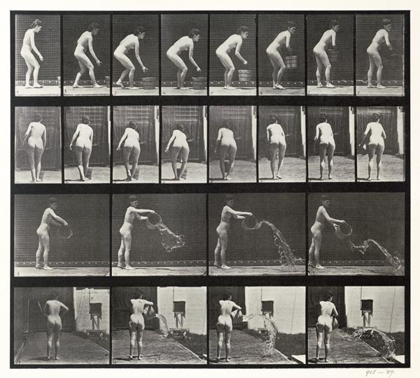 Woman throwing a bucket of water, plate 401 from ''Animal Locomotion'', 1887 (b/w photo)  von Eadweard Muybridge