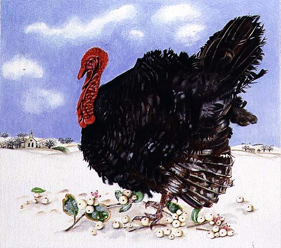 Black Turkey with Snow Berries, 1996 (acrylic on paper)  von E.B.  Watts