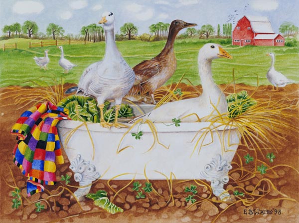Geese in Bathtub, 1998 (acrylic on paper)  von E.B.  Watts