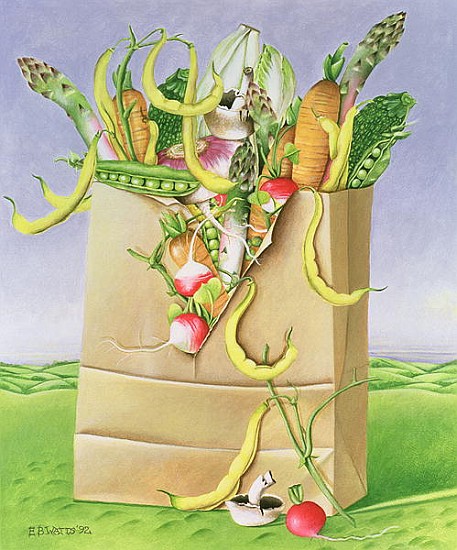 Paper Bag with Vegetables, 1992 (acrylic)  von E.B.  Watts