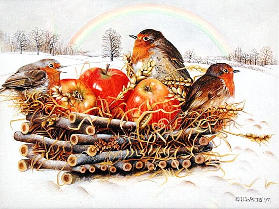 Robins with Apples, 1997 (acrylic on canvas)  von E.B.  Watts