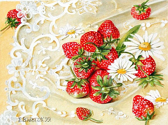 Strawberries on Lace, 1999 (acrylic on paper)  von E.B.  Watts