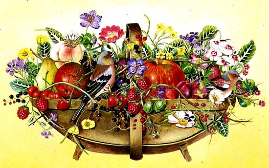 Trug with Fruit, Flowers and Chaffinches, 1991 (acrylic)  von E.B.  Watts