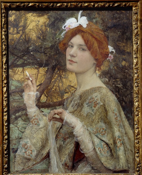 A Young Redhead Woman Holding A Cigarette In Her Hand And Wearing An Orchid In Her Hair von Edgar Maxence