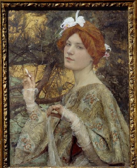 A Young Redhead Woman Holding A Cigarette In Her Hand And Wearing An Orchid In Her Hair