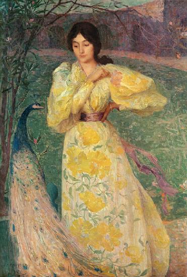 Young Girl with a Peacock (oil on canvas)