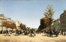Blick vom Place d'Etoile in die belebten Champs Elysées.