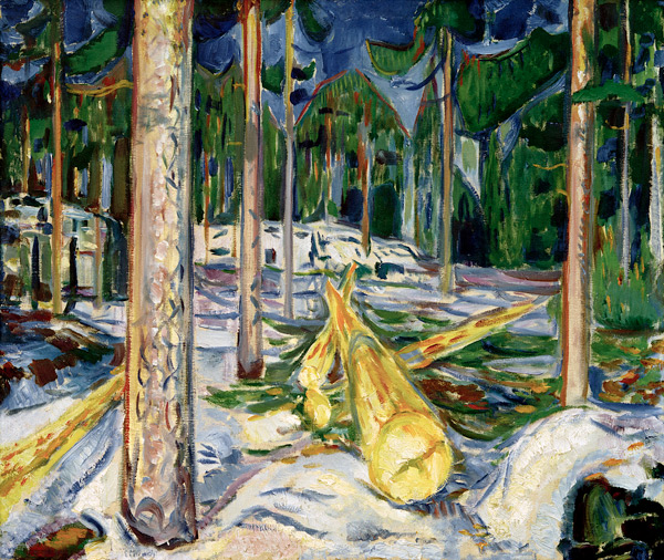 Der gelbe Baumstamm (Gefällte Baumstämme / Im Walde) von Edvard Munch