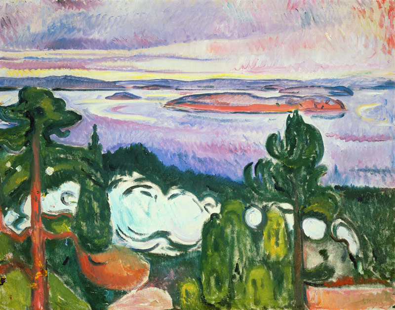 Oslofijord - Northern Beach (Landscape with Railway, Train, Smoke)  von Edvard Munch
