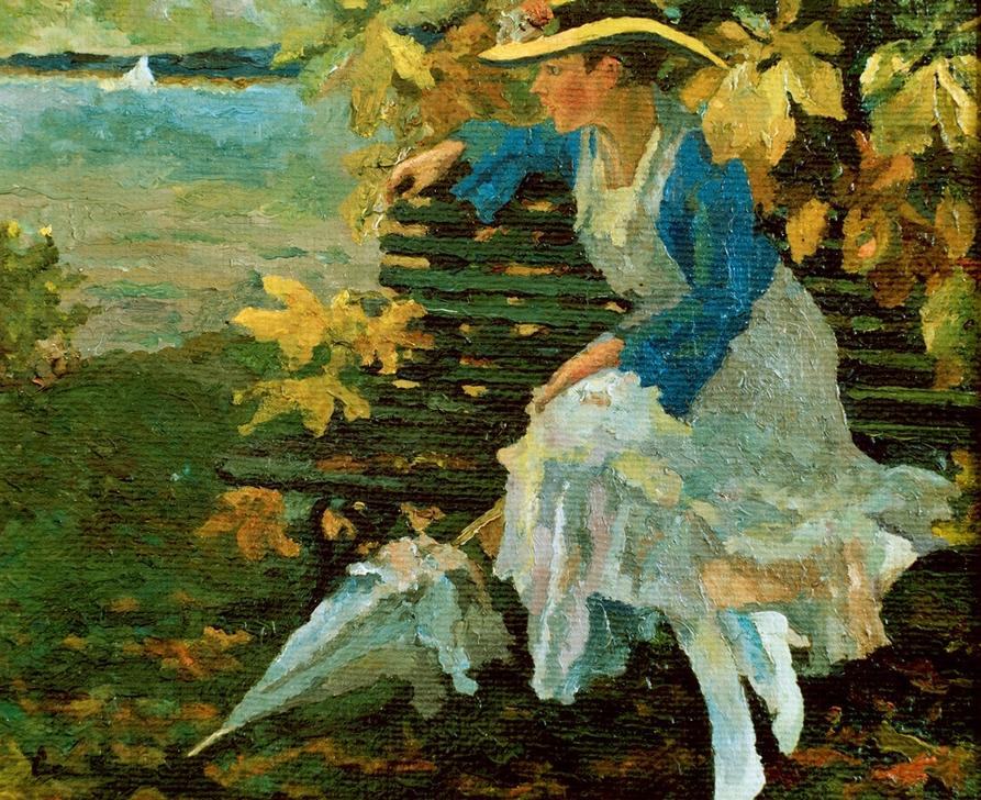 Woman on a park bench by a lake von Edward Cucuel