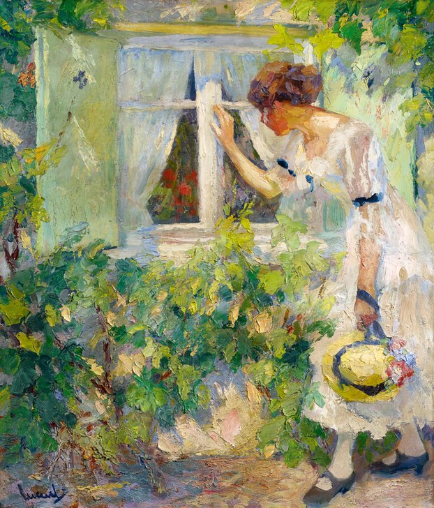 Young woman looking through a window von Edward Cucuel