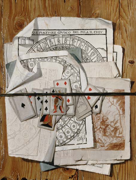Trompe l'oeil mit verschiedenen Drucken und Spielkarten von Egidio Maria Bondoni