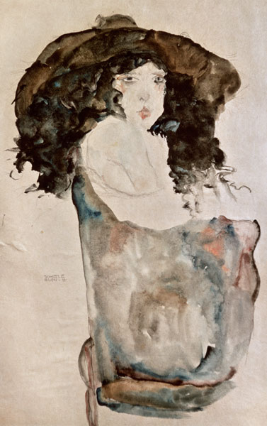 Mädchen mit blauschwarzem Haar und Hut. von Egon Schiele