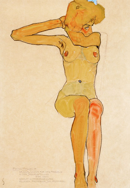 Sitzender weiblicher Akt mit abgespreiztem rechtem Arm von Egon Schiele