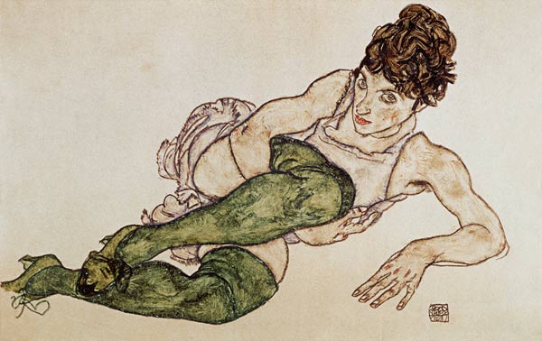 Liegende Frau mit grün.Strmpf von Egon Schiele