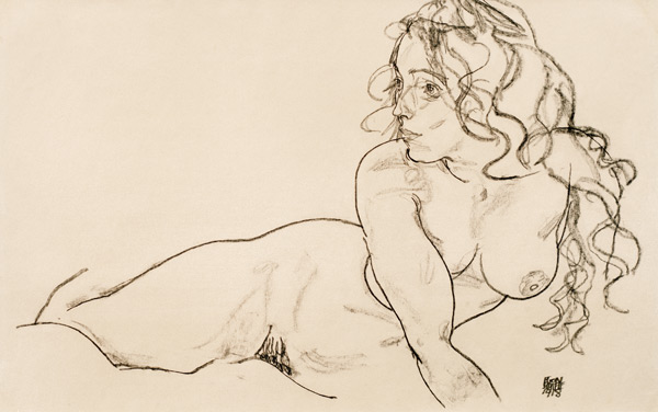 Sich aufstützender weiblicher Akt mit langem Haar von Egon Schiele