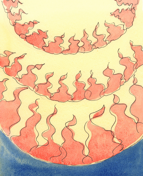 Row upon row of flames can be seen in the depths of Hell, where are nestled - because of their own c von Elizabeth  Wang