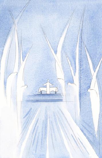 The Angels bow down at Christs offering, clustered about Him. Others bow in deep reverence, all arou