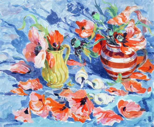 Poppies in a Red-Striped Jug  von Elizabeth Jane  Lloyd
