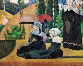 Bretonische Frauen mit Sonnenschirmen