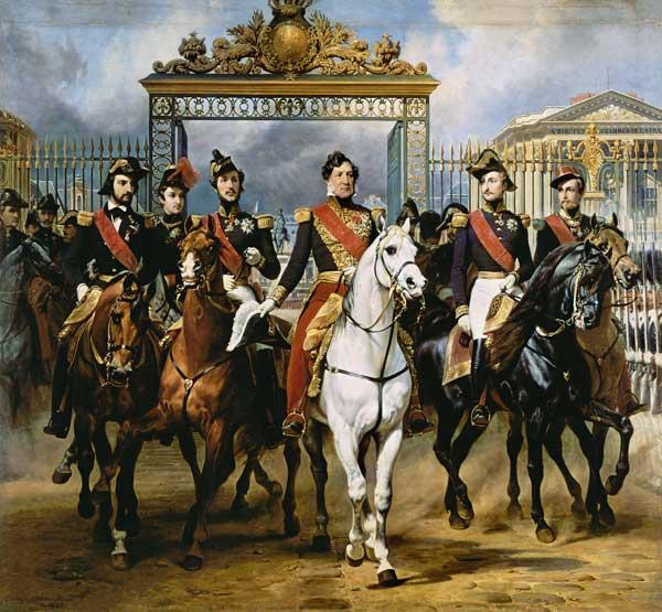 Louis Philippe und seine Söhne zu Pferde beim Verlassen von Schloss Versailles.