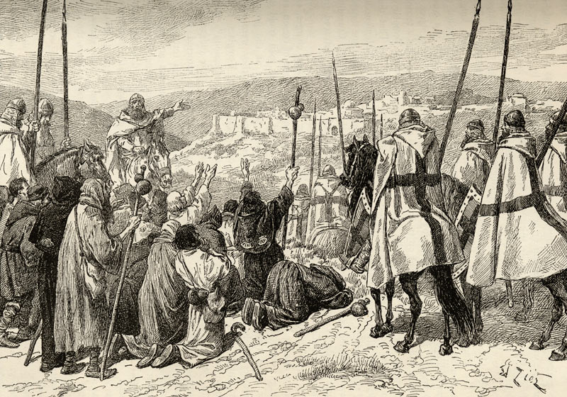 Pilgrims under escort of Knights Templar in front of Jerusalem in the 12th century (engraving) von English School, (19th century)