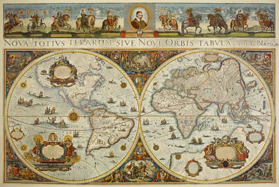 Erdkarte in zwei Hemisphären mit Bildnis Papst Innozenz XI. und Reiterbildnissen europ. Fürsten von Erdkarte