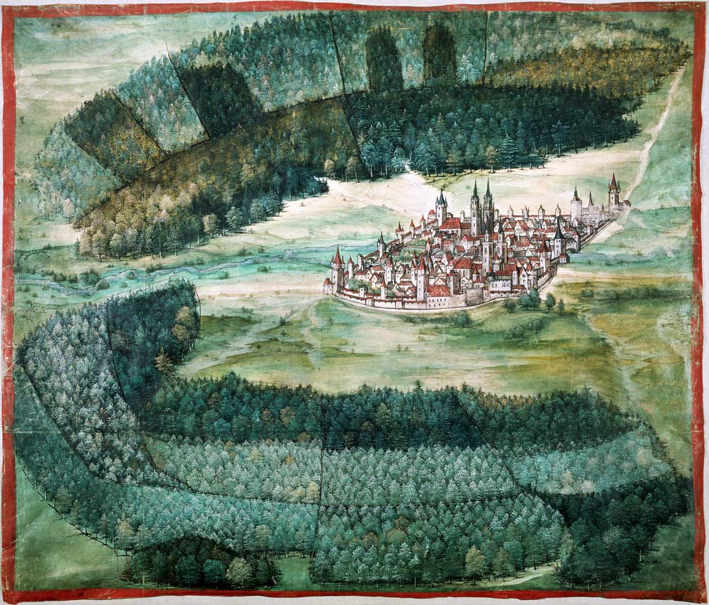 Ansicht der Stadt Nuernberg von Norden mit Sebalder und Lorenzer Wald von Erhard Etzlaub.