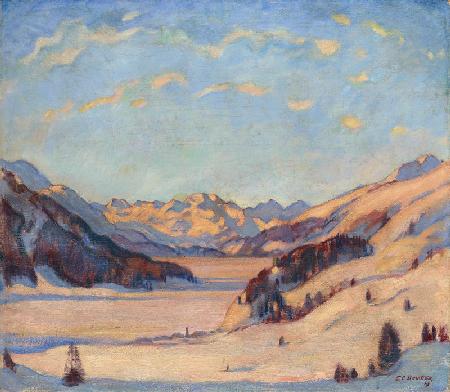 A view of Zuoz looking towards St. Moritz and Piz Margna in the Upper Engadine