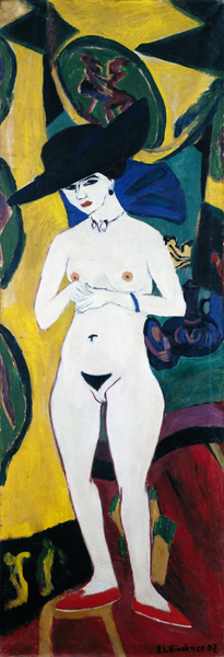 Nackte Frau mit Hut. Stehender Akt mit Hut. von Ernst Ludwig Kirchner