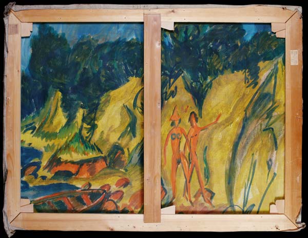 Badende in einer Landschaft mit Boot (Rückseite von Zwei Frauen mit Waschbecken). von Ernst Ludwig Kirchner