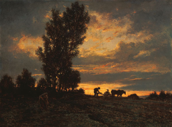 Abendstimmung mit pflügendem Bauern von Etienne-Pierre Théodore Rousseau
