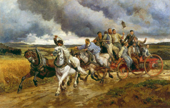 Die Dorffeuerwehr auf dem Wege zum Brandherd. von Eugène Burnand