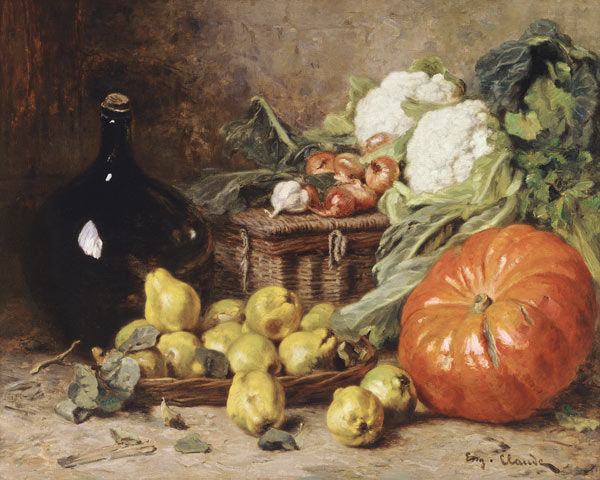 Stillleben mit Birnen, Zwiebeln, Blumenkohl und einem Kürbis. von Eugene Claude