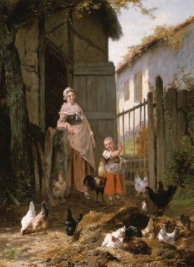 Beim Hühnerfüttern (Zusammen mit Jan David Col, 1822-1900)