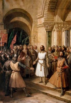 Gottfried von Bouillon vor der Grabeskirche. Die Wahl zum König von Jerusalem am 23. Juli 1099