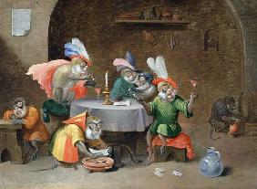 A Tavern Interior with Monkeys drinking and smoking