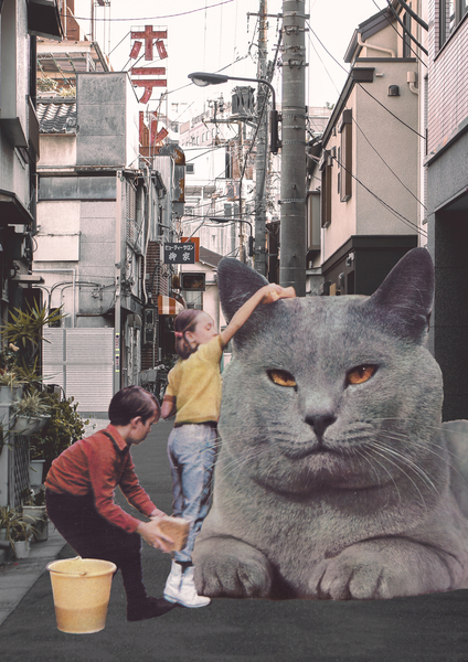 Children washing a giant Cat in Tokyo Streets von Florent Bodart