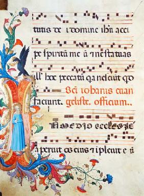 Ms 558 f.13v Historiated initial 'I' depicting St. John the Evangelist, with page of musical notatio