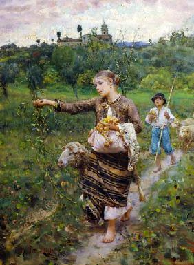Shepherdess carrying a bunch of grapes