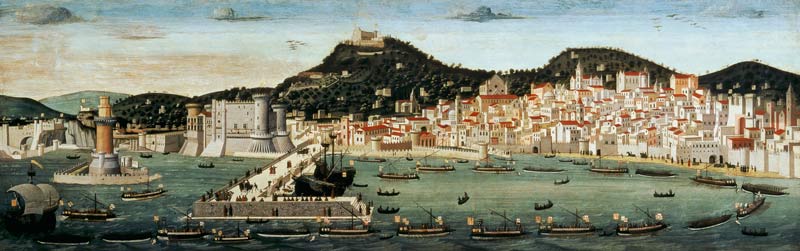 View of Naples depicting the Aragonese fleet re-entering the port after the Battle of Ischia in 1442 von Francesco Rosselli