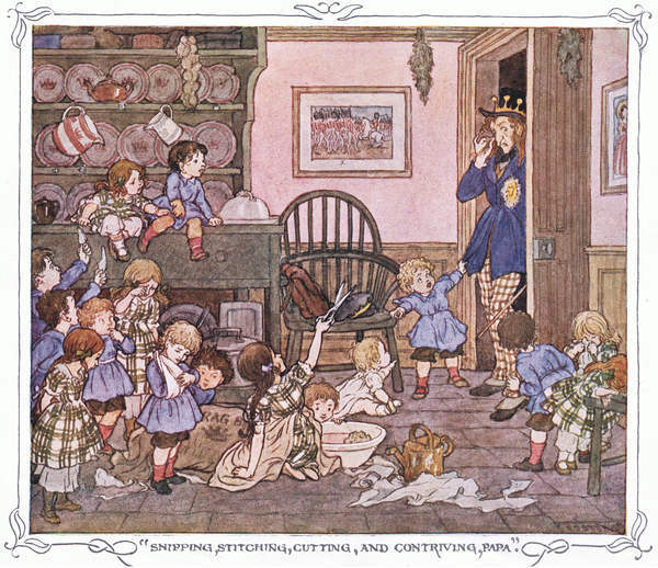 Snipping, stitching, cutting and contriving, Papa, from The Magic Fishbone pub.by Warne & Co, c.1940 von Francis Donkin Bedford