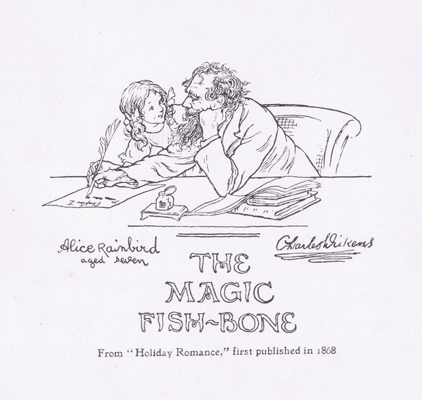 Title page design (Charles Dickens and Alice Rainbird), from The Magic Fishbone pub.by Warne & Co, c von Francis Donkin Bedford