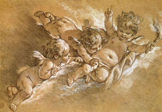 Three putti in clouds von François Boucher