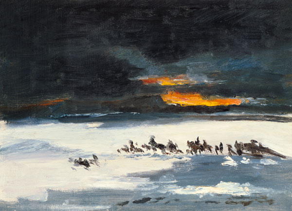 Reitende Indianer im Schneesturm. von Frank Buchser