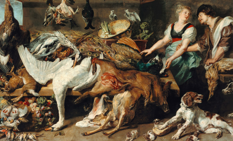 Stillleben mit Hündin und ihren Jungen, sowie Koch und Köchin von Frans Snyders