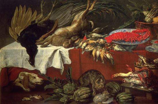 Stillleben mit Wild, Hummer, Vögeln, Melonen, Hund und Katze von Frans Snyders