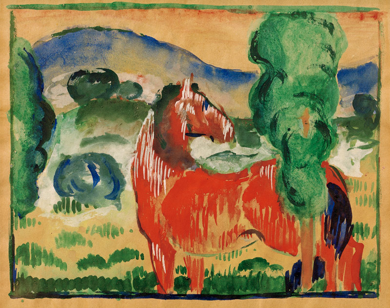 Rotes Pferd in farbiger Landschaft von Franz Marc