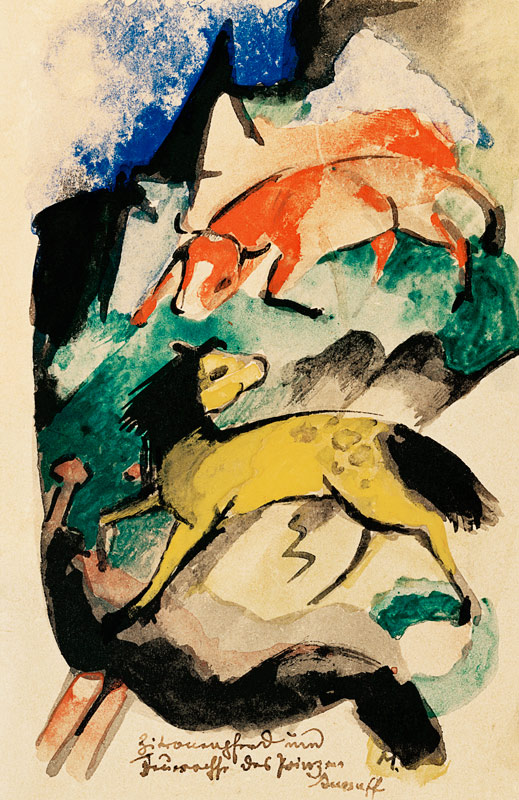 Zitronenpferd und Feuerochse des Prinzen Jussuff (Auf Postkarte an Else Lasker-Schüler) von Franz Marc